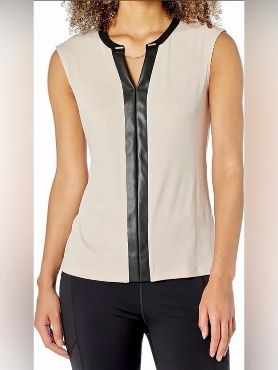 Calvin Klein Beige Camisole with Black Faux-Leather Center Trim - Picture 1 of 8